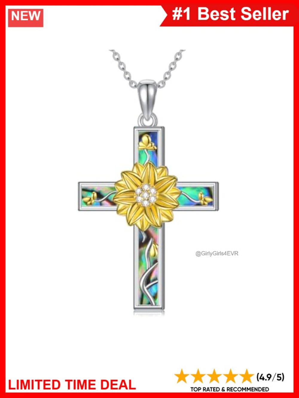 925 Sterling Silver Sunflower Cross Pendant Necklace 18+2 Inch Adjustable